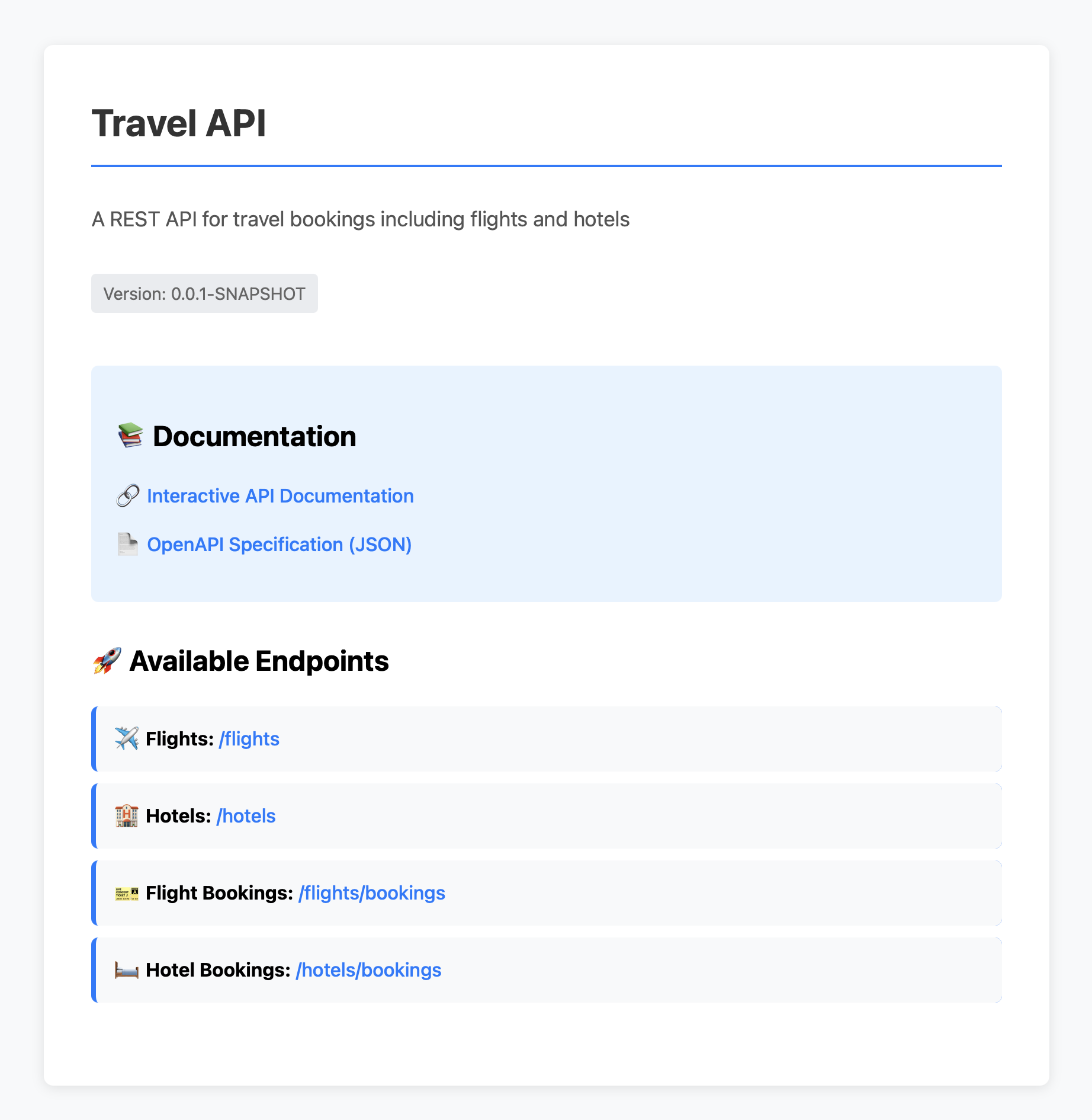 Travel API Homepage